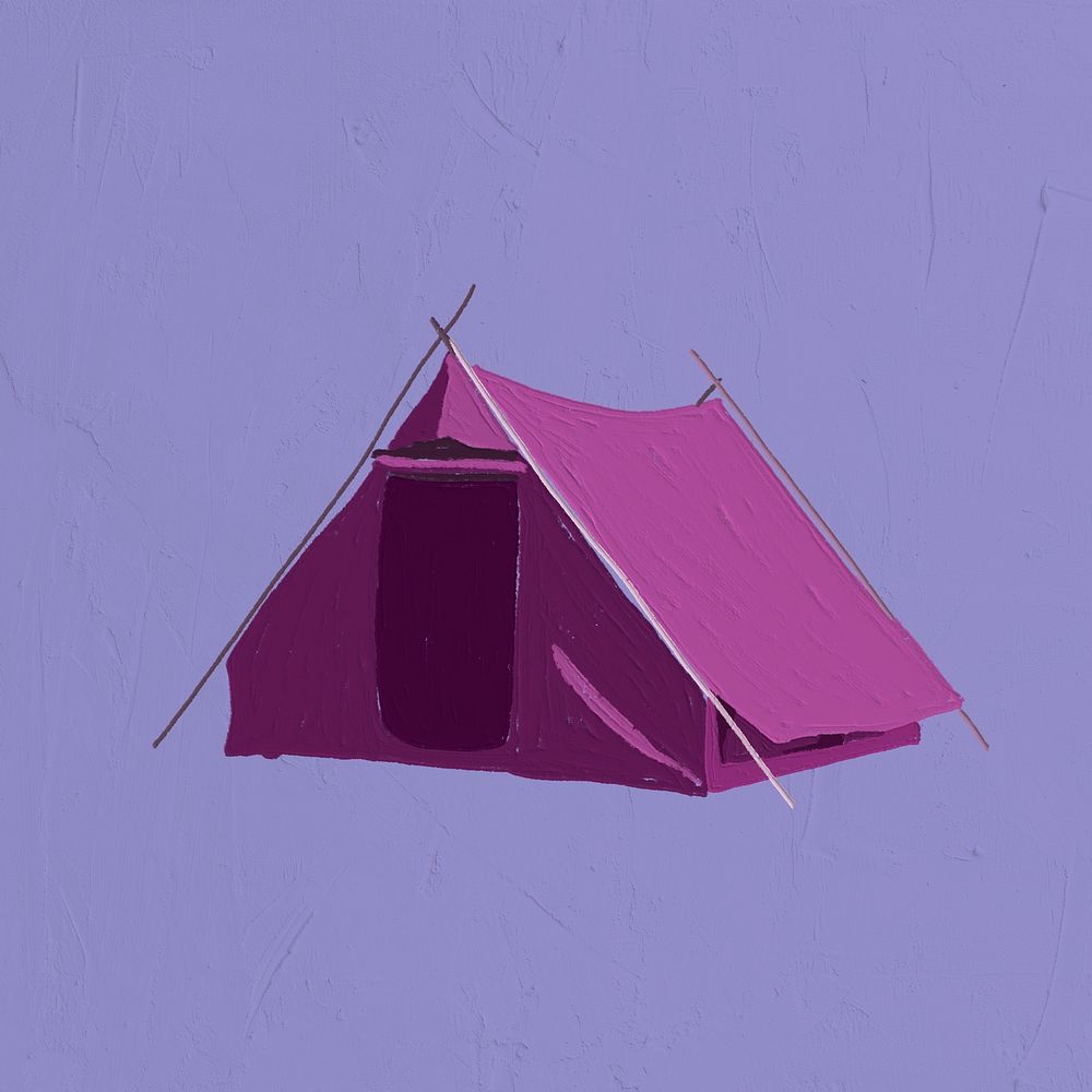 Watercolor painting tent sticker, aesthetic camping design on purple background psd