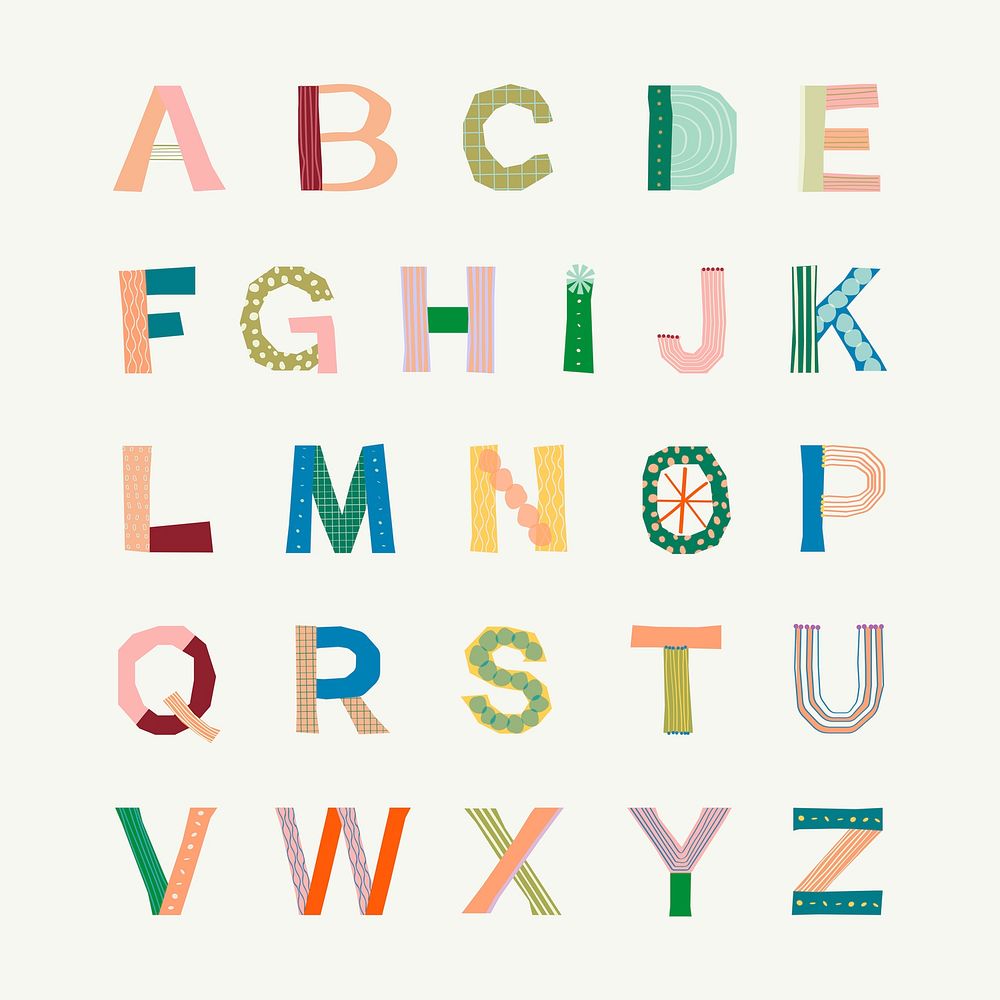 Colorful English alphabets elements, patterned letters psd