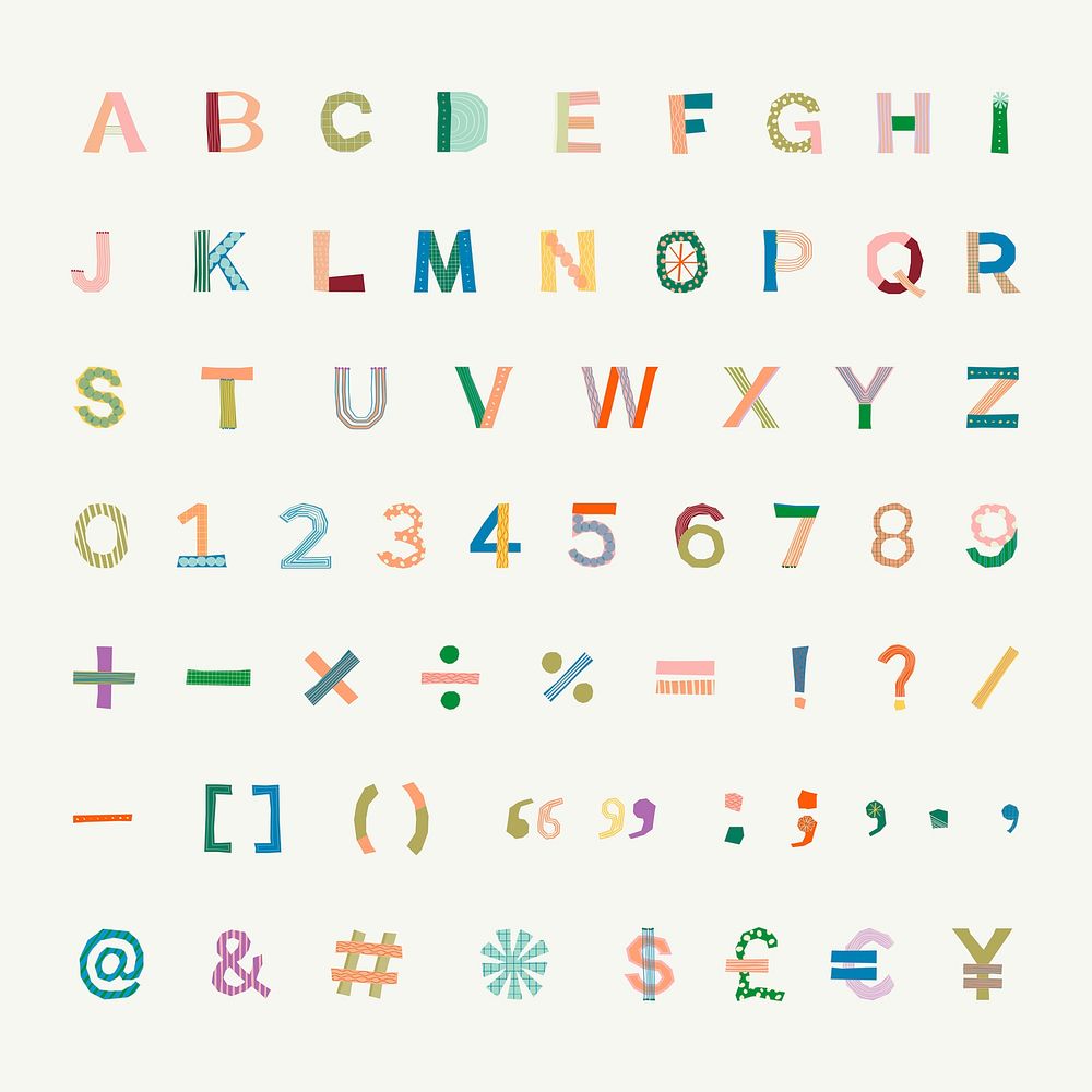 Patterned English alphabets, numbers, and signs set, colorful typography psd