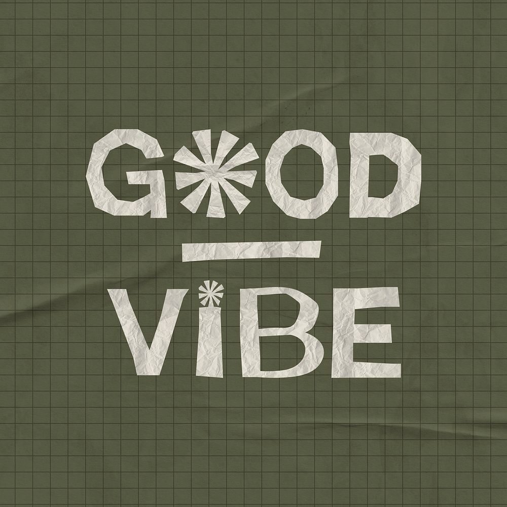 Good vibe word sticker, abstract collage element, white crumpled paper psd