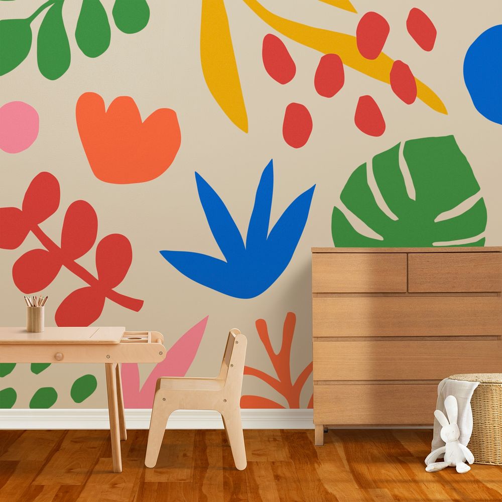 Colorful botanical wall, cute interior design