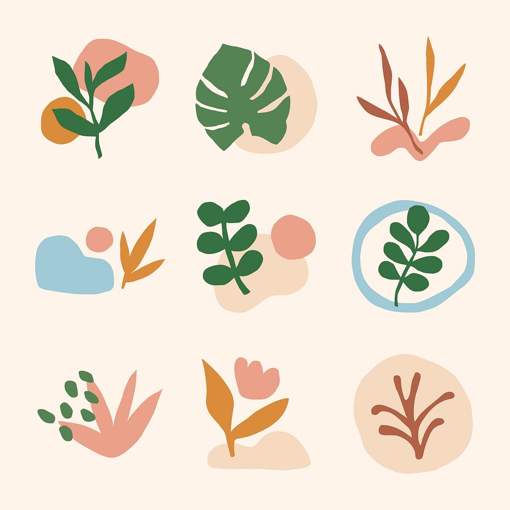 Botanical stickers set, cute abstract design psd