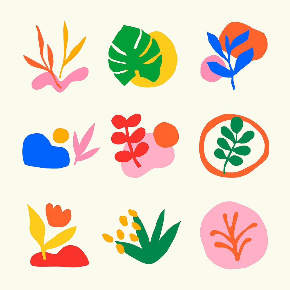 Aesthetic botanical stickers set in vibrant color psd