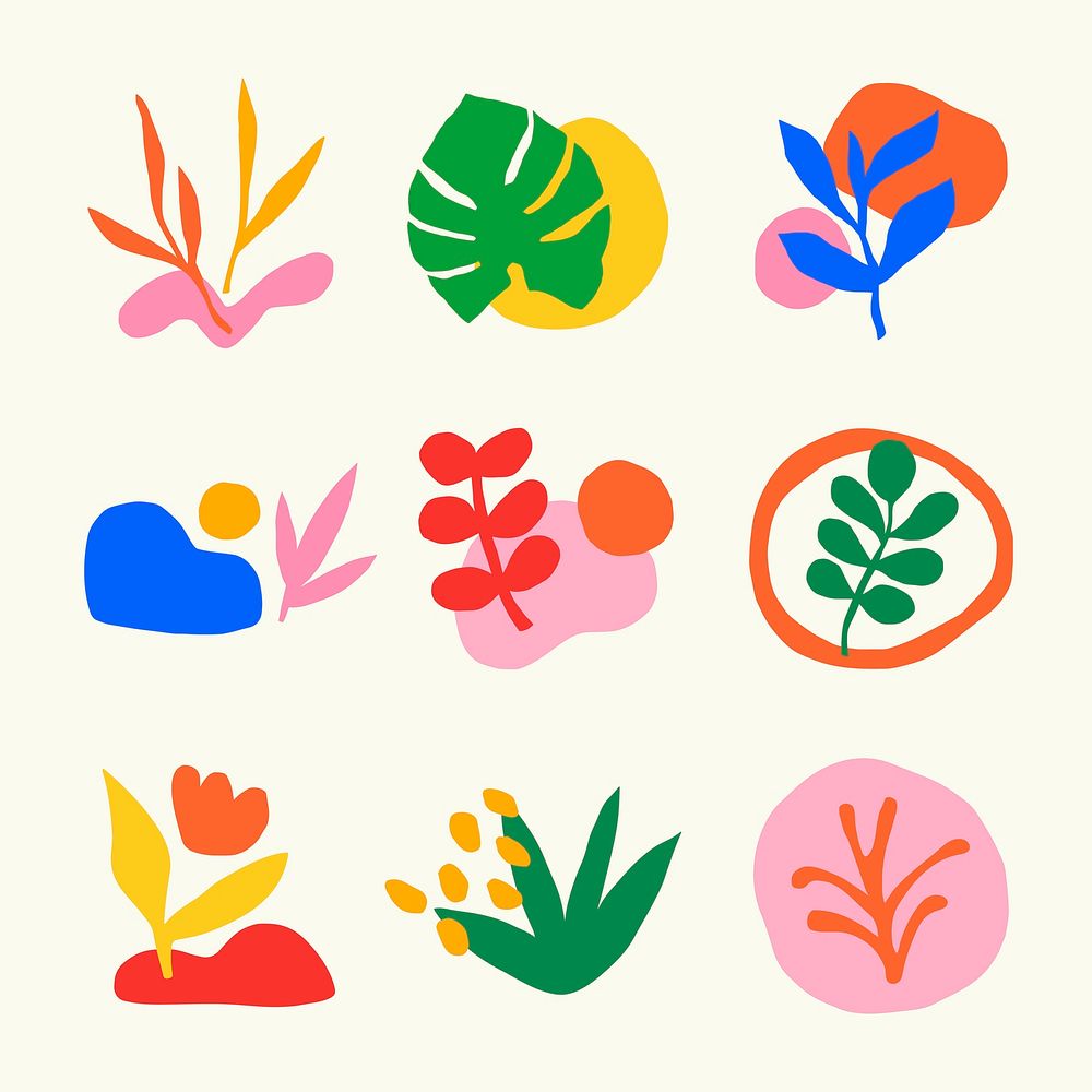 Aesthetic botanical stickers set in vibrant color vector
