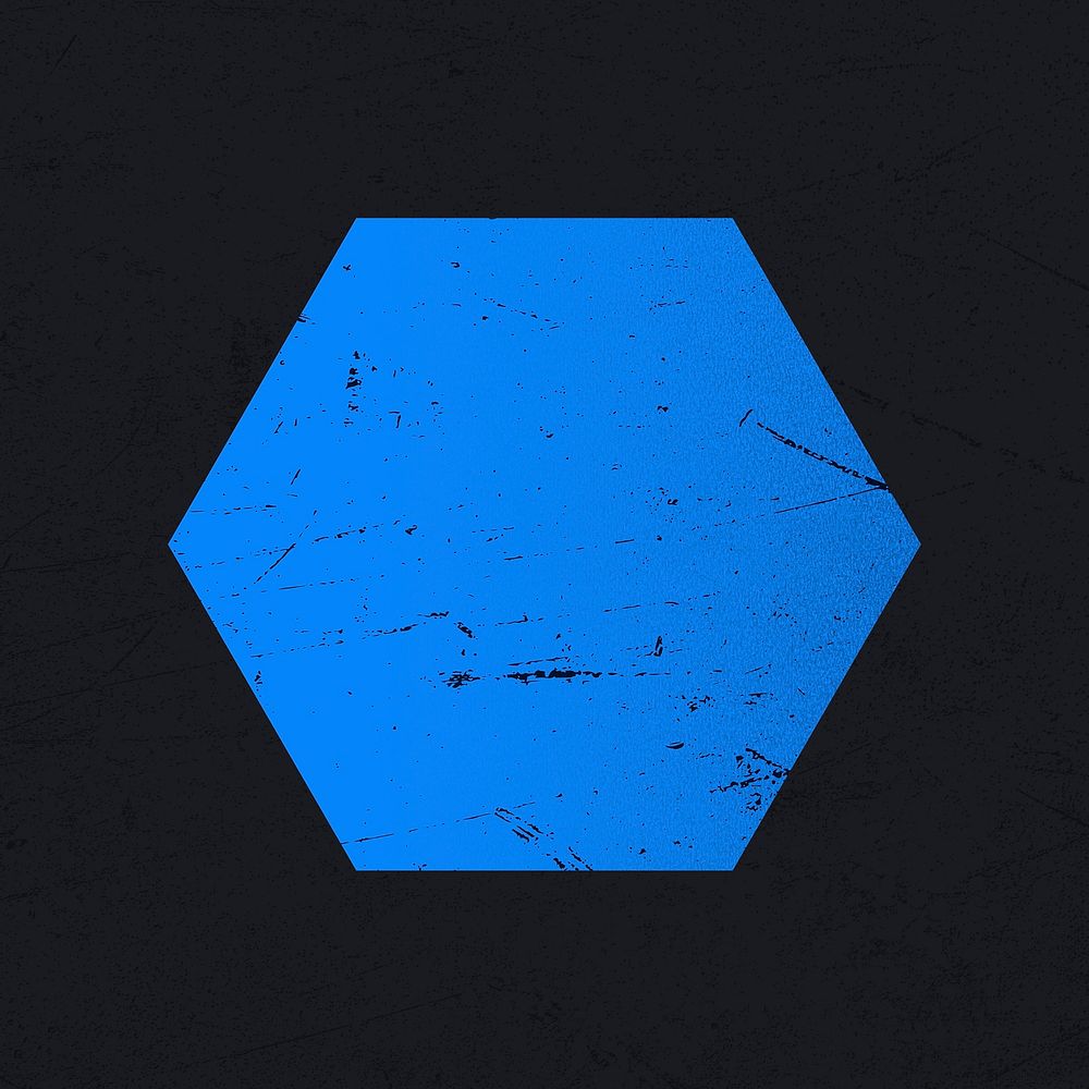 Blue hexagon shape, grunge texture, black background image