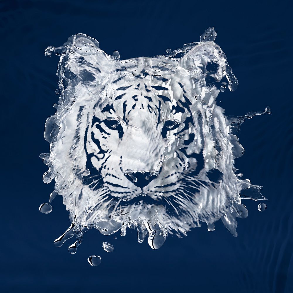 White tiger clipart, water splash, abstract illustration