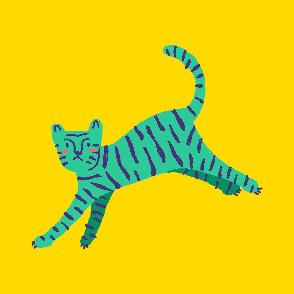 Tiger doodle sticker, green animal in cute design vector