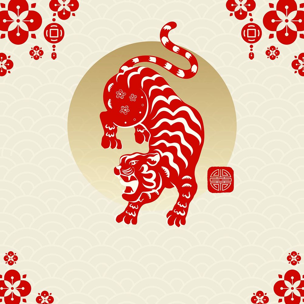 Gold Chinese tiger background, 2022 zodiac animal illustration psd