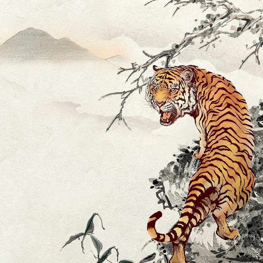 Roaring tiger background, Chinese horoscope animal illustration psd, remixed from artworks by Ohara Koson