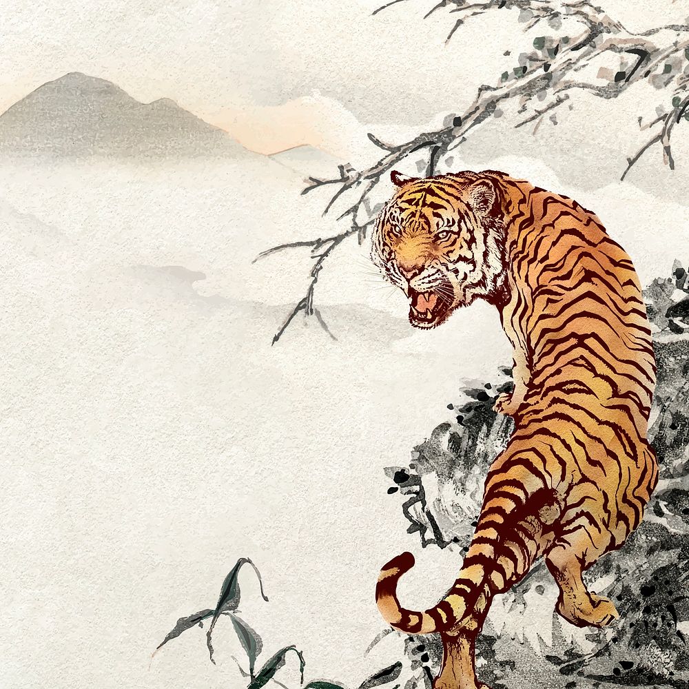 Roaring tiger background, Chinese horoscope animal illustration vector, remixed from artworks by Ohara Koson