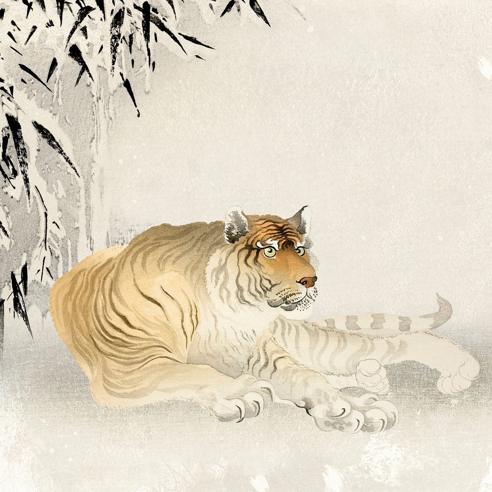 Chinese zodiac tiger background, animal realistic illustration psd, remixed from artworks by Ohara Koson