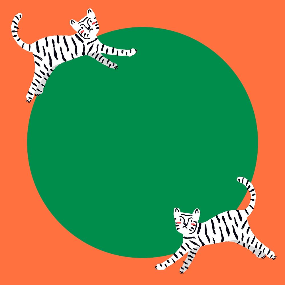 Tiger circle frame background, green animal doodle psd