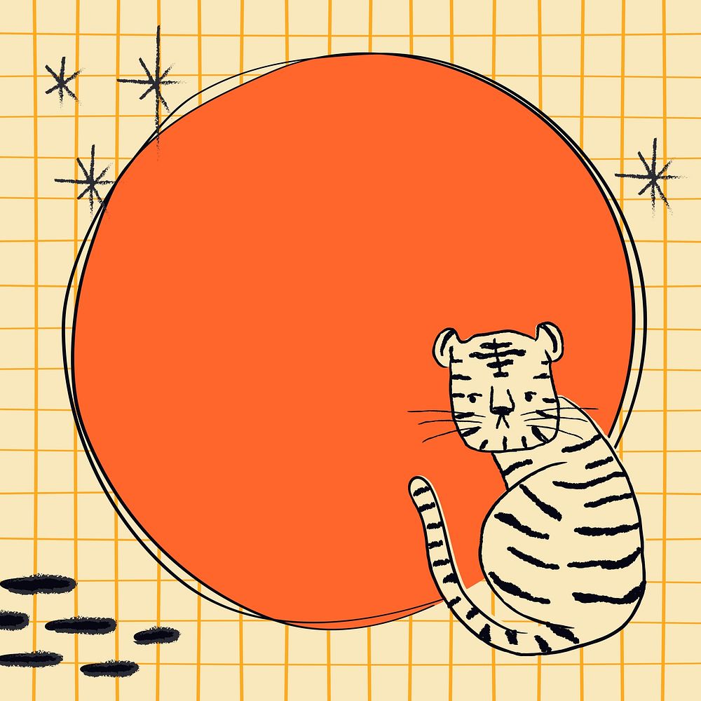 Chinese tiger frame, grid pattern background in orange psd