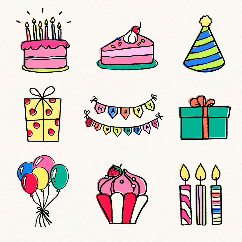 Birthday party stickers, festive doodle set vector