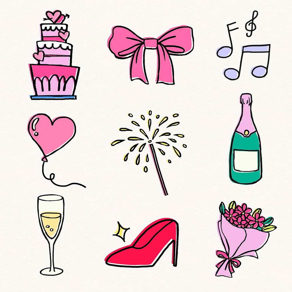 Wedding doodle sticker, pink feminine set vector