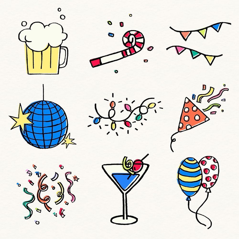 New year celebration sticker, festive doodle set psd