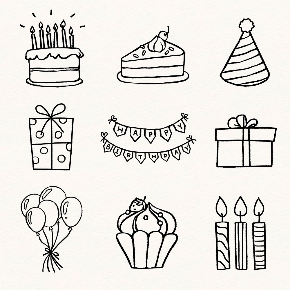 Birthday party stickers, festive doodle set vector
