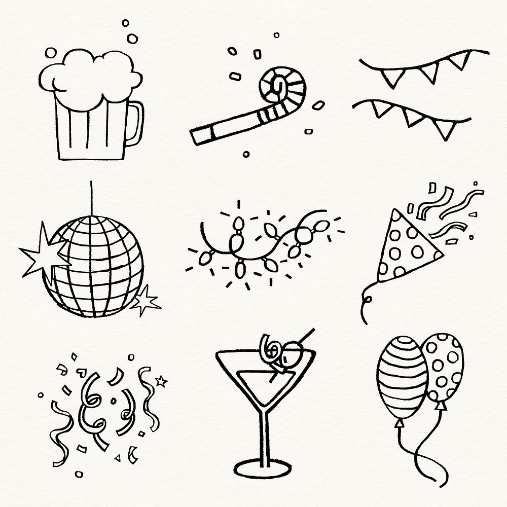 New year celebration sticker, festive doodle set psd