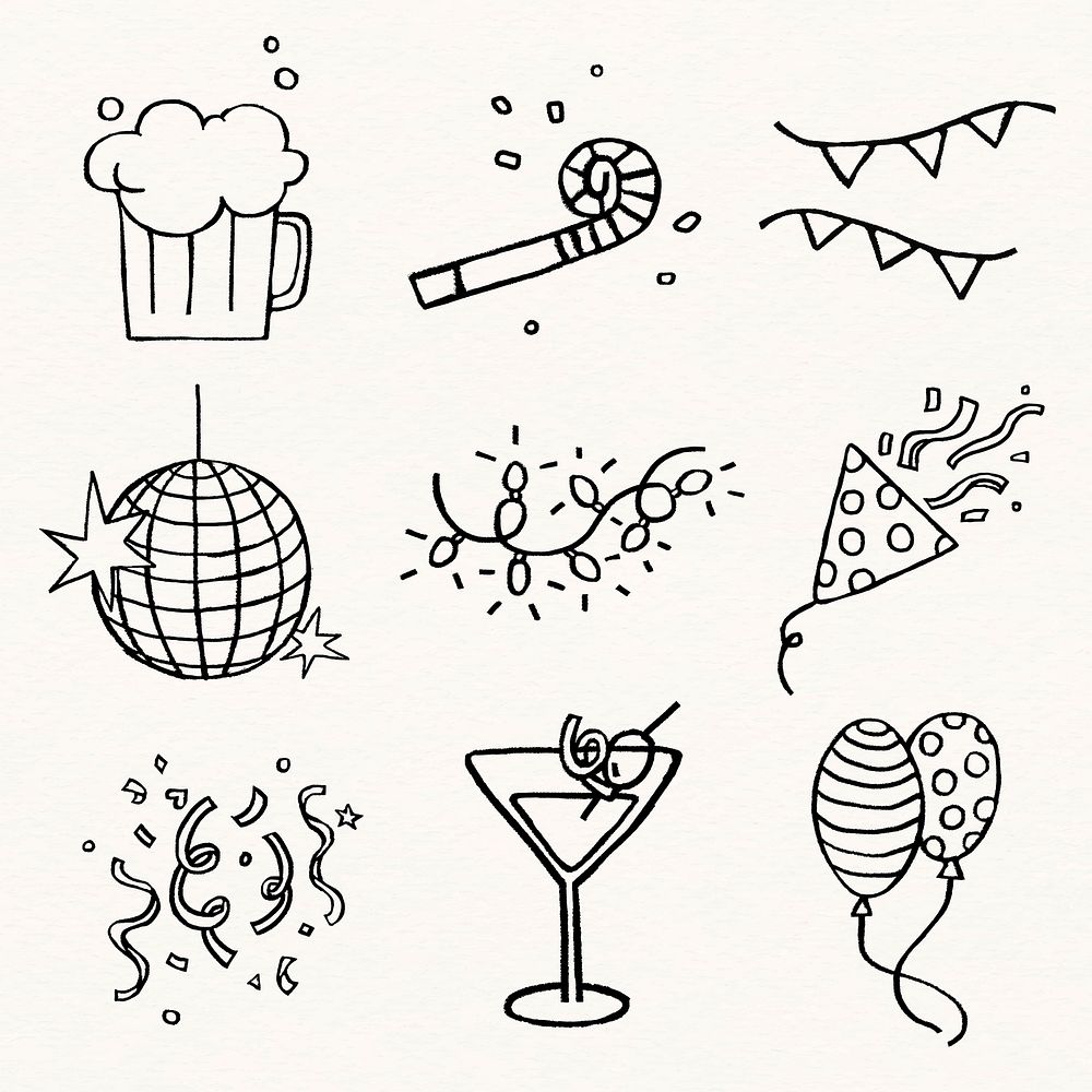 New year celebration sticker, festive doodle set vector