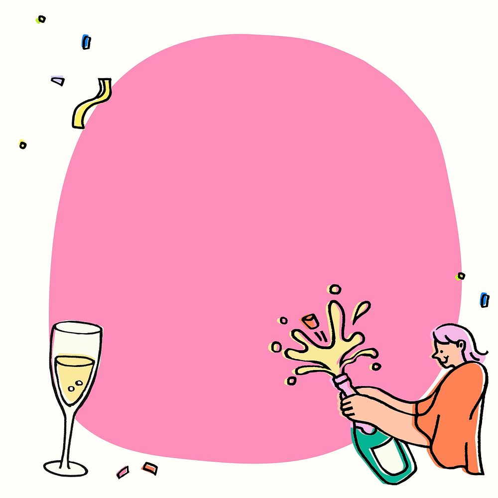 Popping champagne frame background, celebration doodle