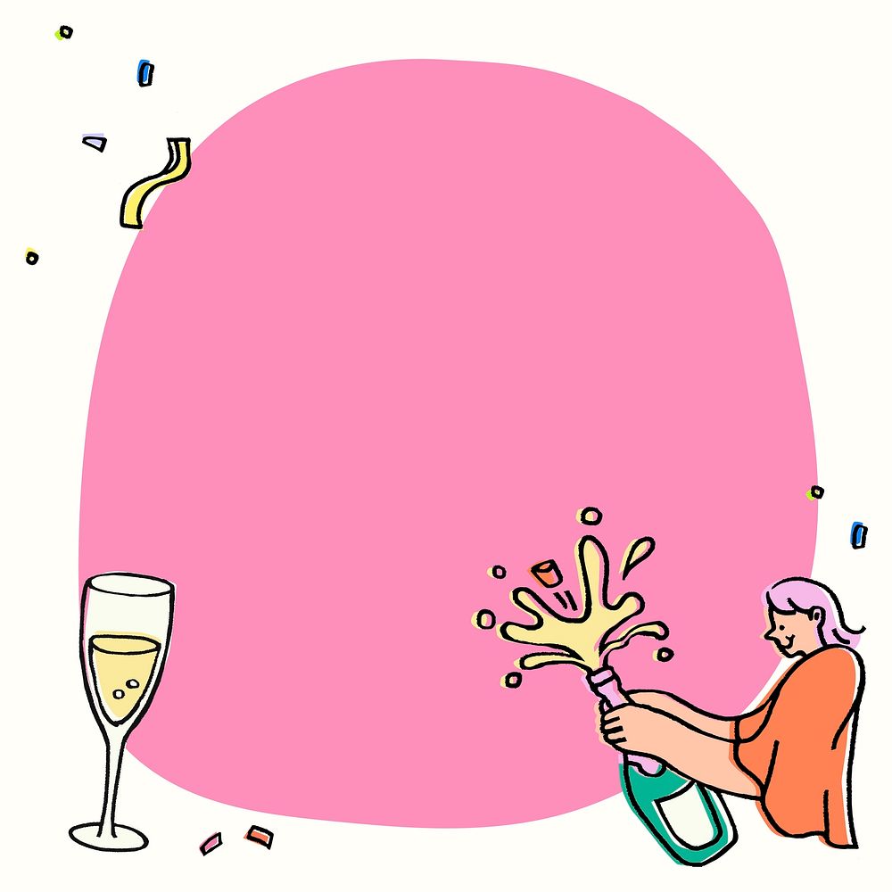 Popping champagne frame background, celebration doodle psd