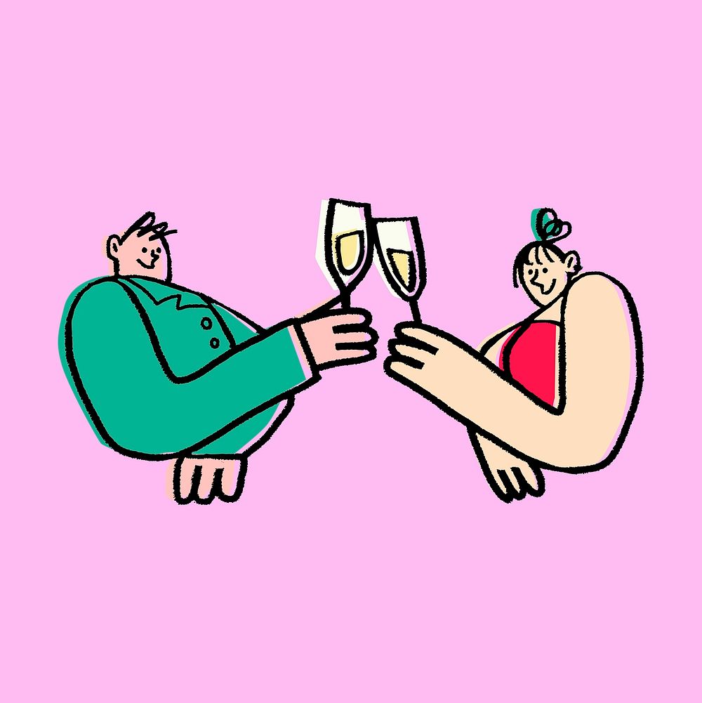Couple drinking champagne clipart, character illustration with wedding concept