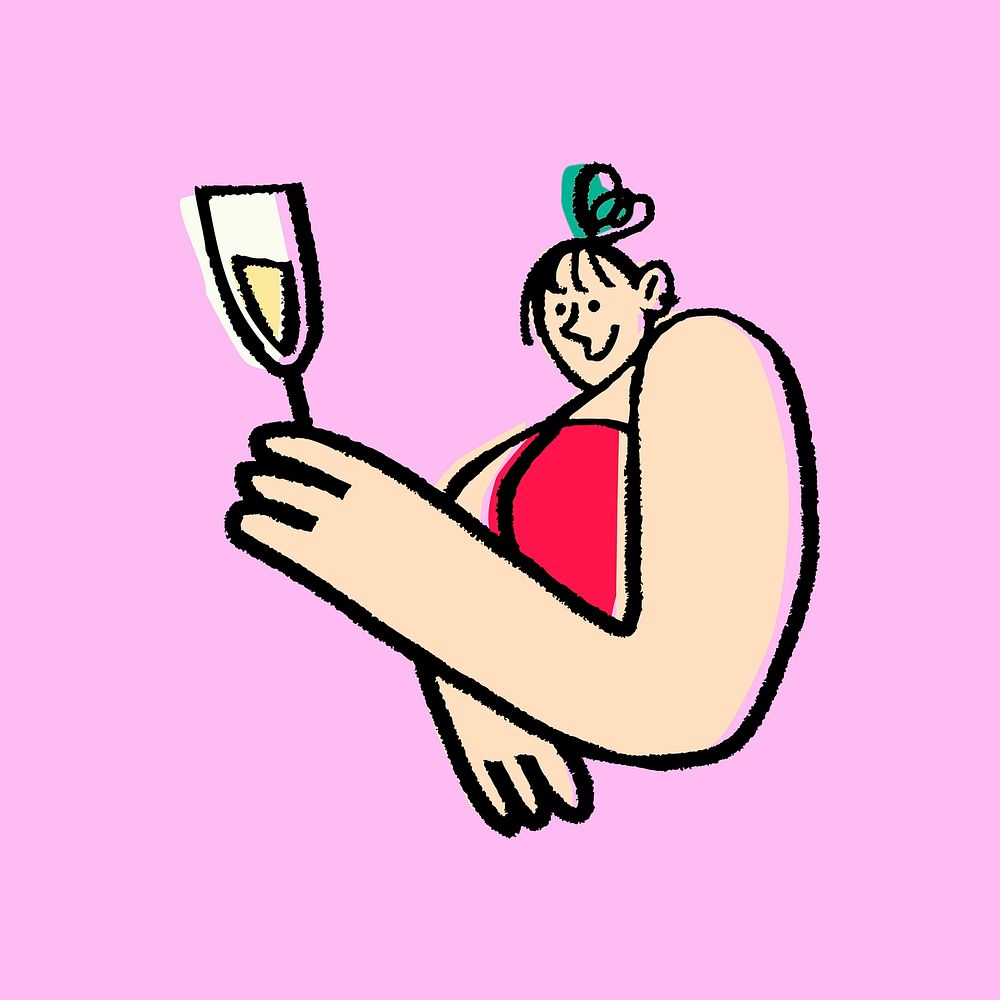 Man holding champagne glass, doodle illustration collage element vector
