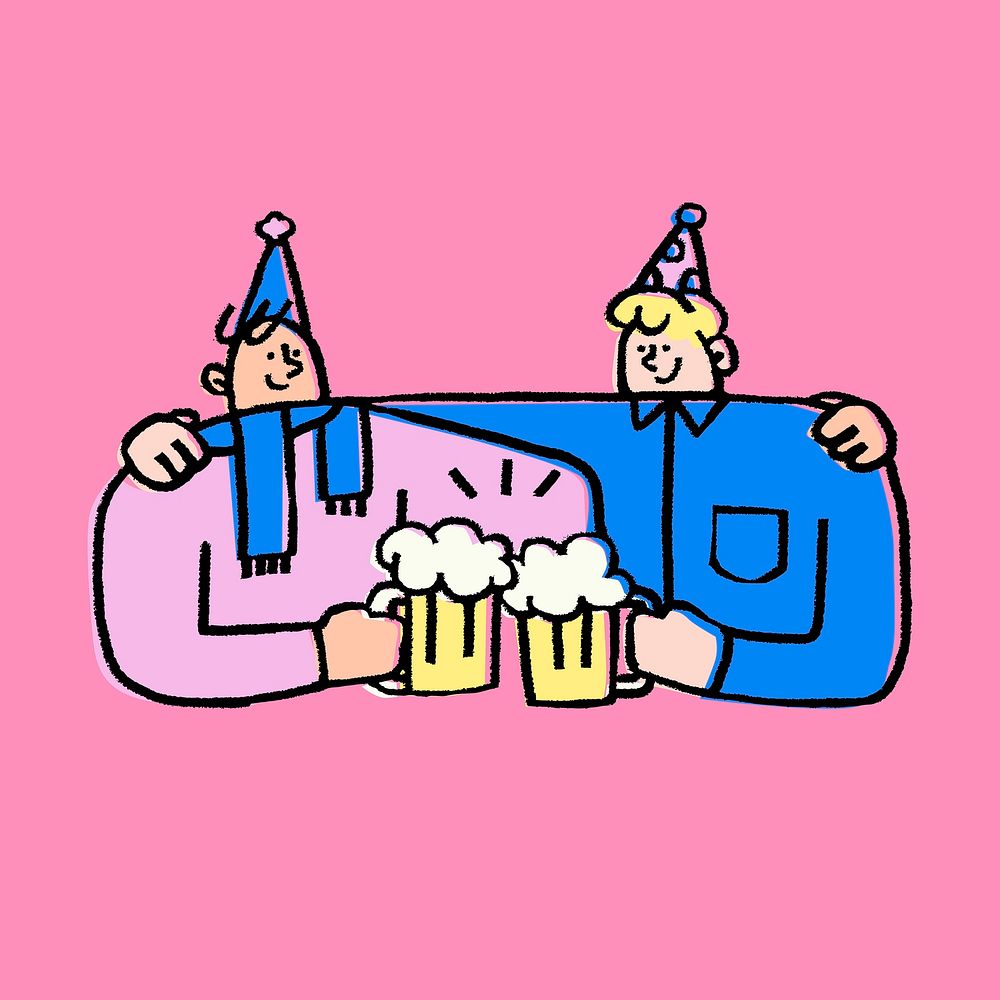 Friends drinking beer, reunion party doodle vector