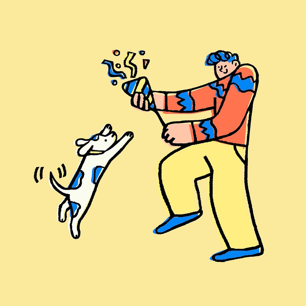 Man holding part popper, festive doodle with cute dog