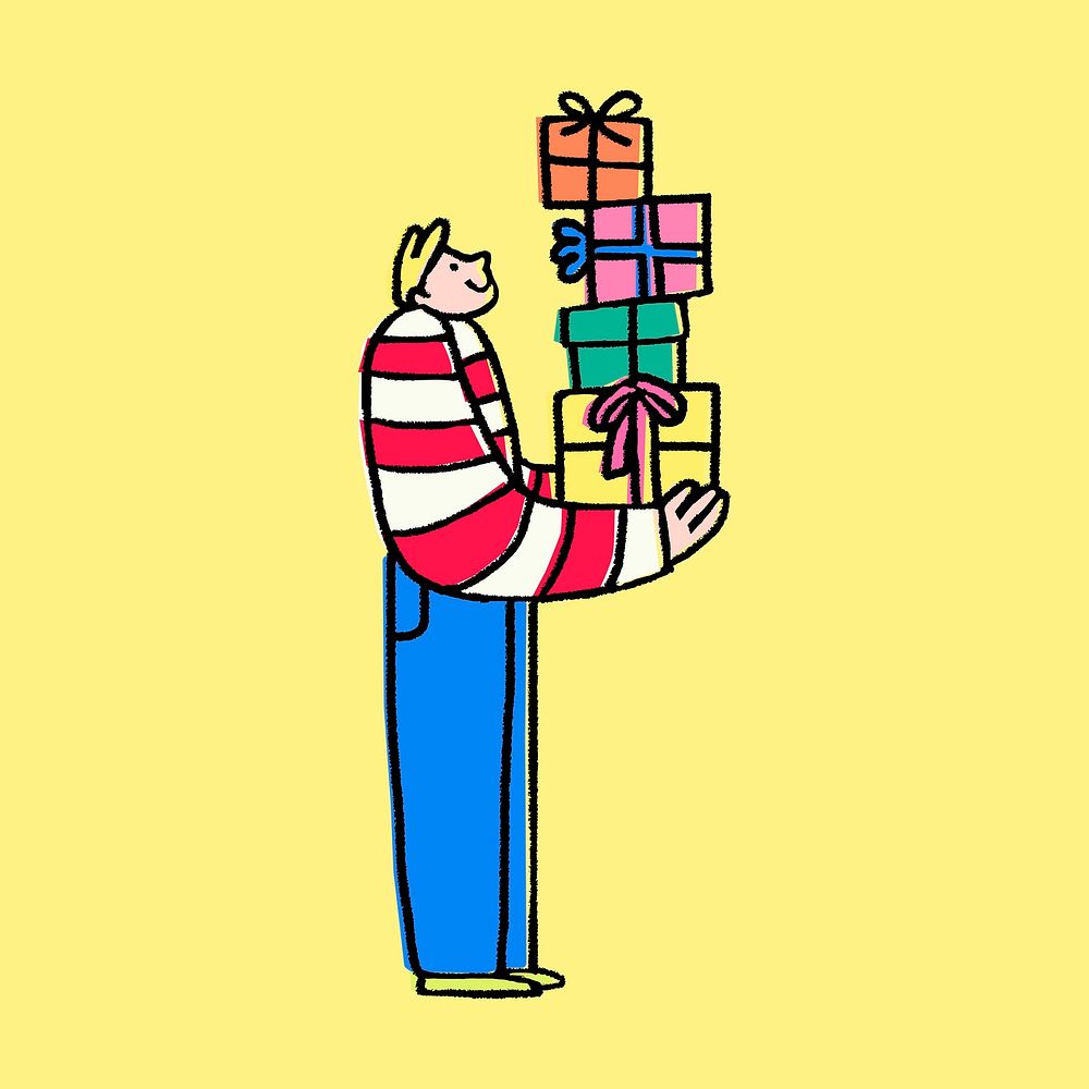 Man holding boxes clipart, birthday cartoon illustration vector