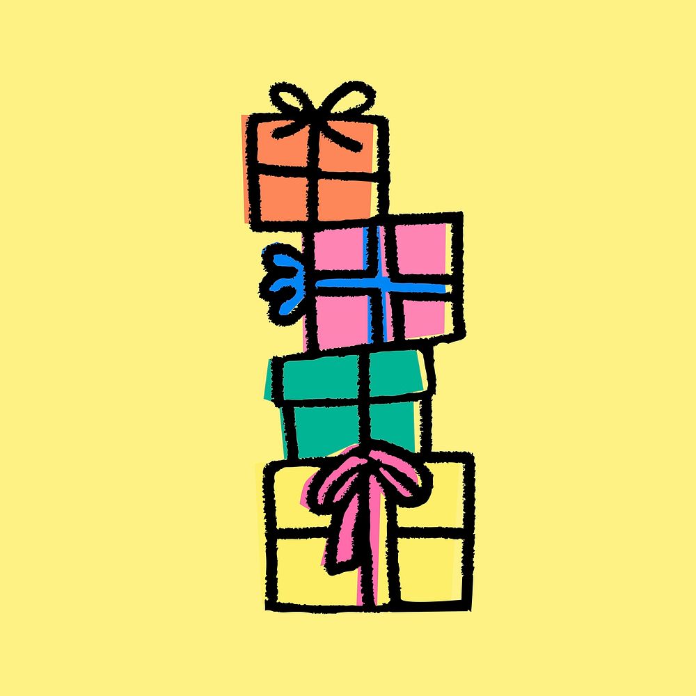 Stacked birthday gifts clipart, doodle graphic