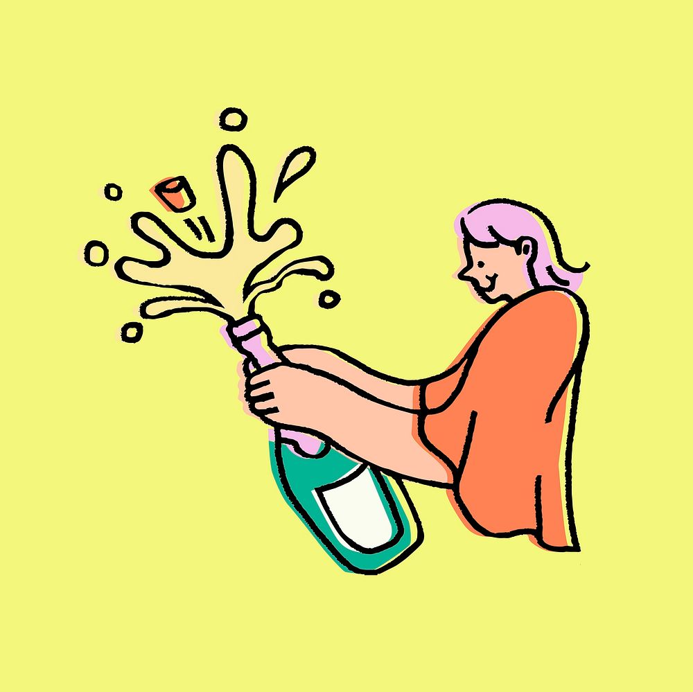 Woman popping champagne clipart, doodle character