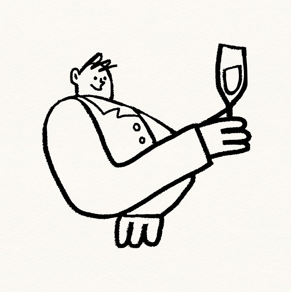 Man holding champagne glass, doodle illustration collage element psd