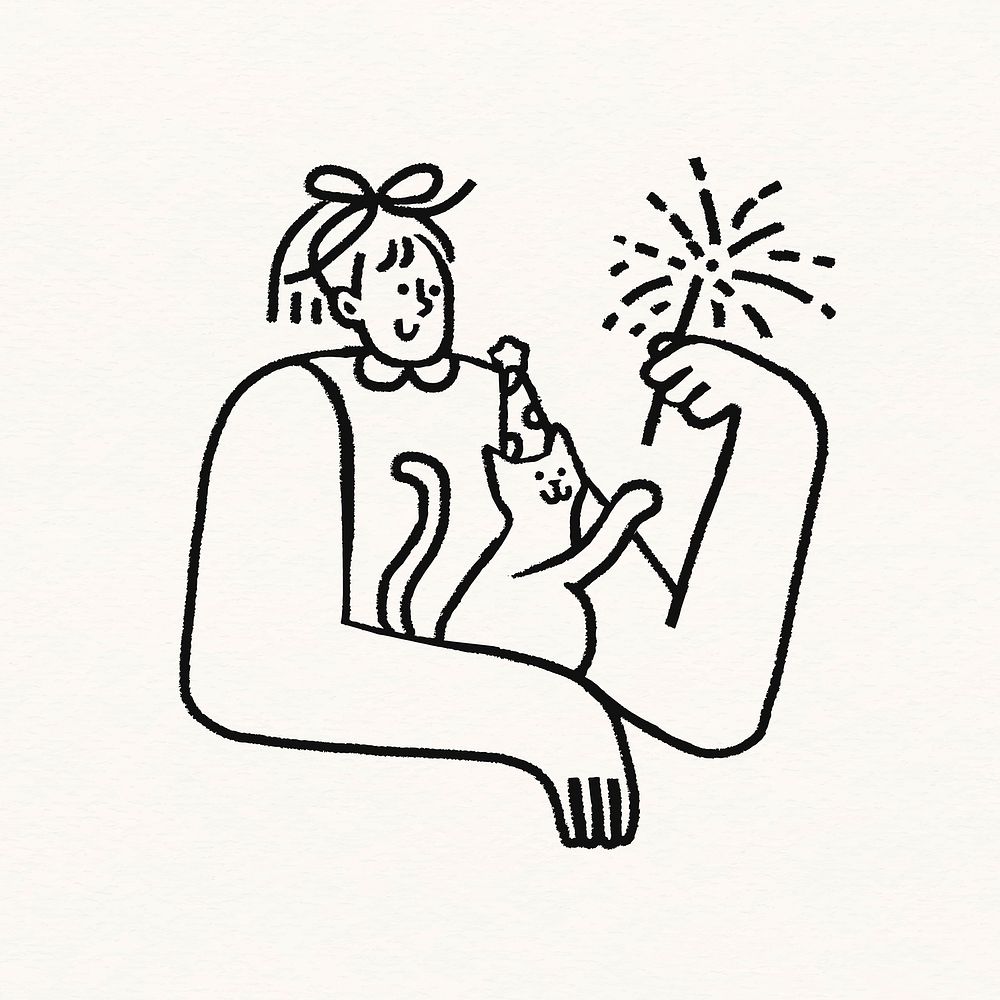 Woman holding sparkler, new year celebration doodle clipart vector