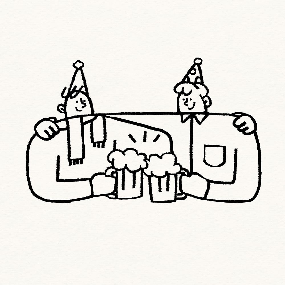 Friends drinking beer, reunion party doodle psd