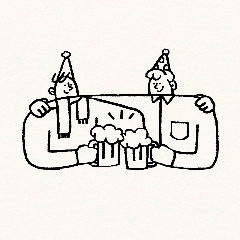 Friends drinking beer, reunion party doodle vector