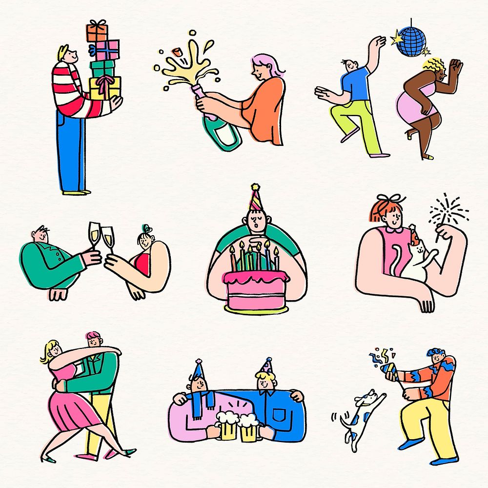 Festive party doodle sticker, celebration cartoon vector set