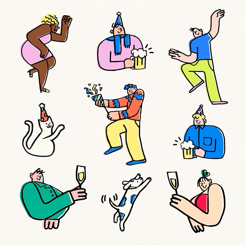 Festive party doodle sticker, celebration cartoon psd set