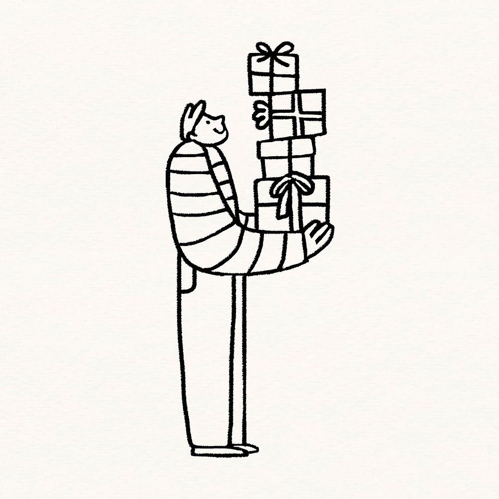 Man holding boxes clipart, birthday cartoon illustration vector