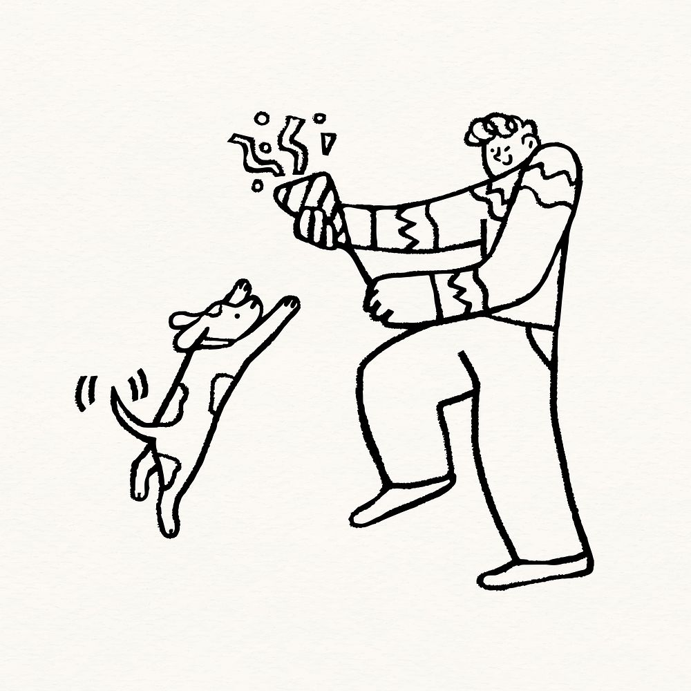 Man holding part popper, festive doodle with cute dog psd