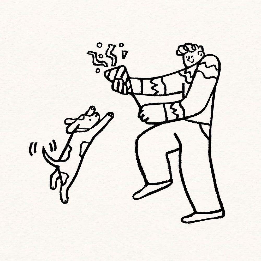 Man holding part popper, festive doodle with cute dog vector