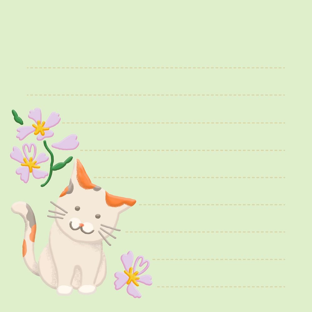 Aesthetic green cat background, doodle memo vector