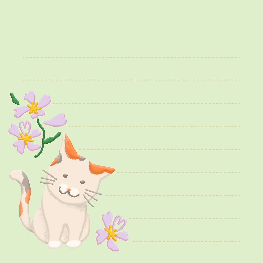 Aesthetic green kitten background, doodle memo psd