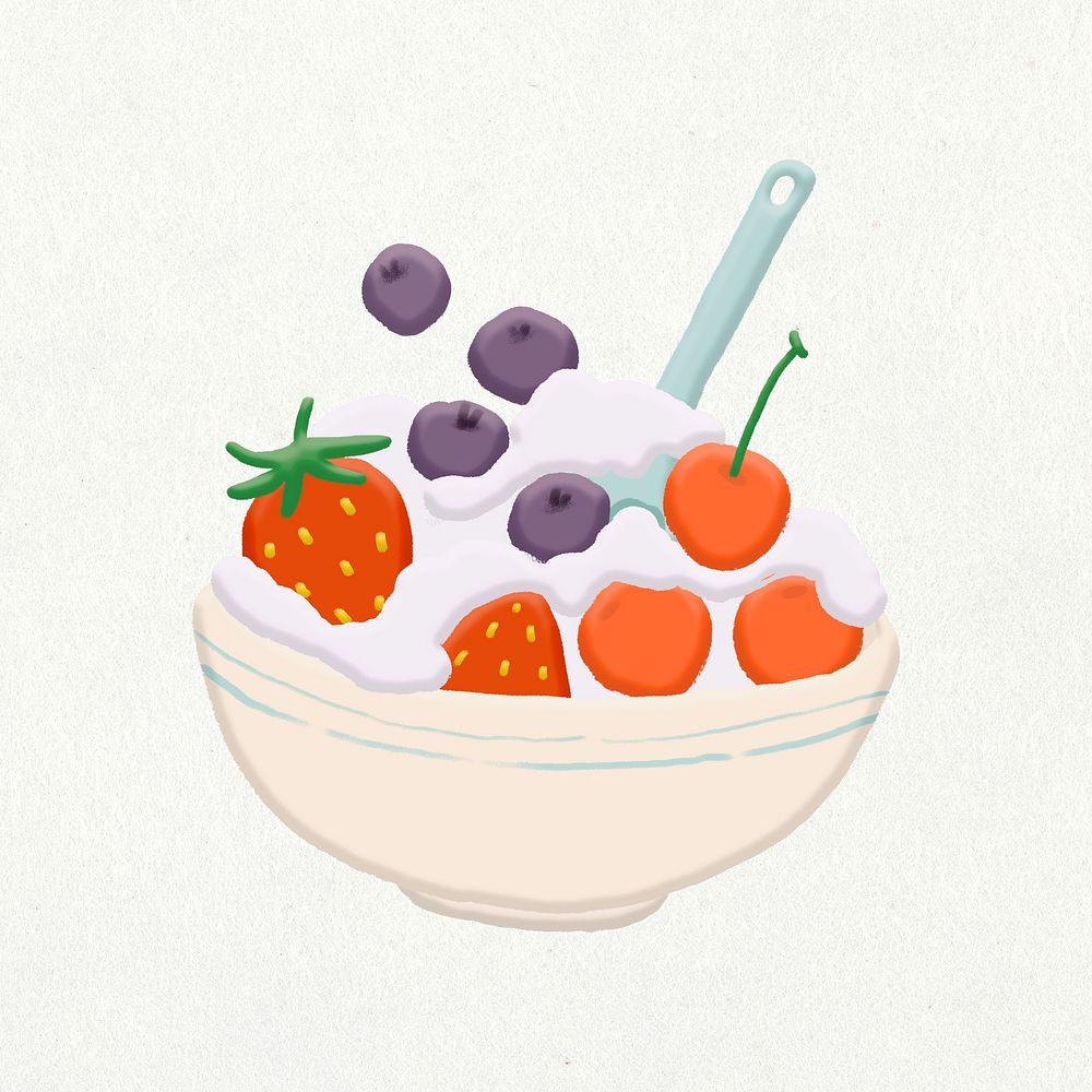 Doodle fruit yogurt collage element, cute emoji psd