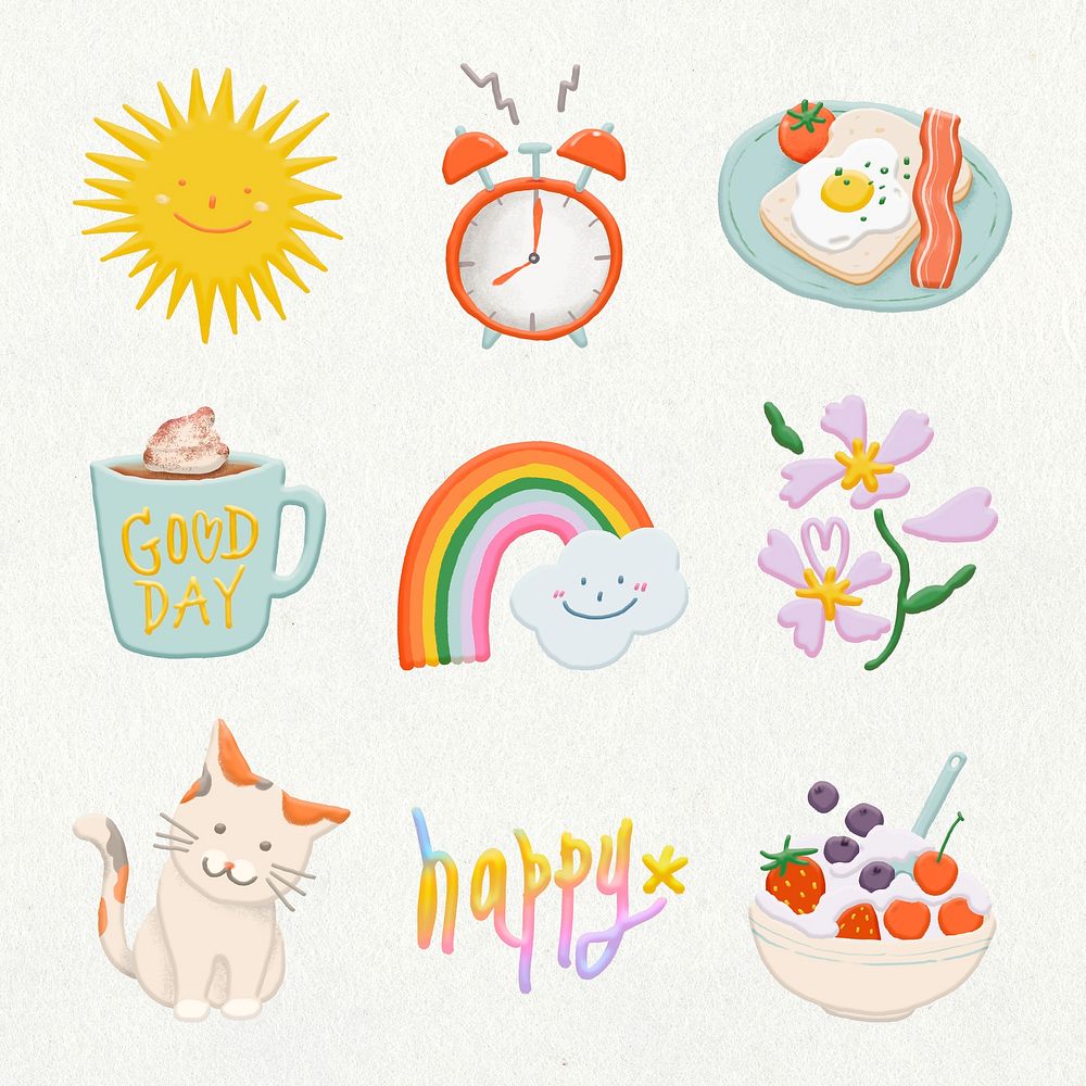 Lifestyle element collection, emoji stickers, hand drawn psd