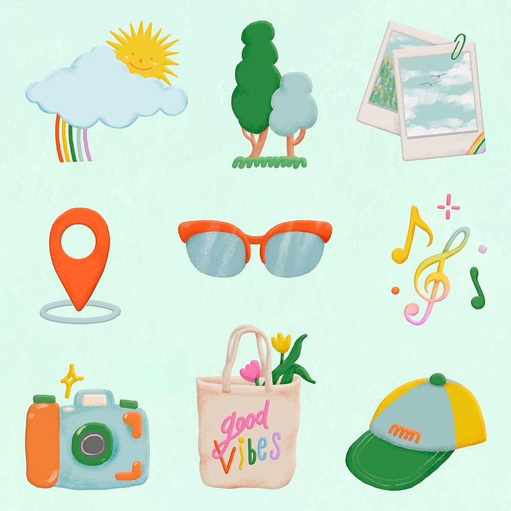 Cute doodle lifestyle sticker set, emoji collage element vector