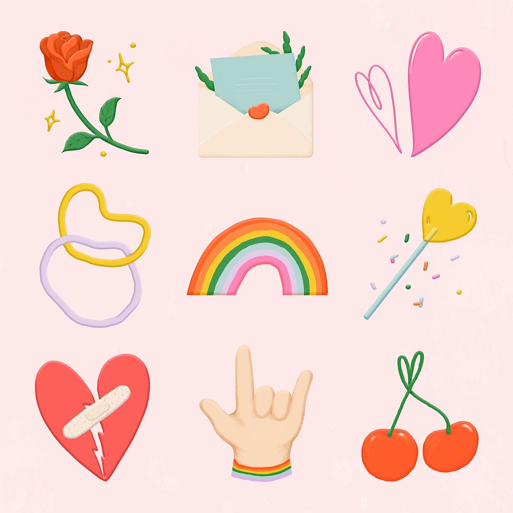 Love element collection, emoji stickers, hand drawn vector
