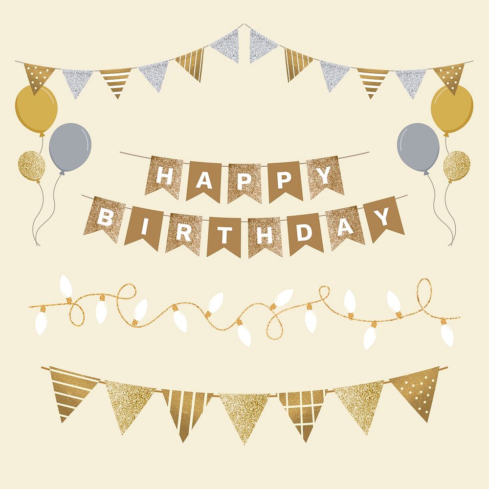 Gold happy birthday decoration sticker set grid, vector