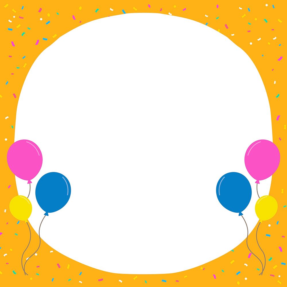 Orange frame background, confetti, balloons, celebration design vector
