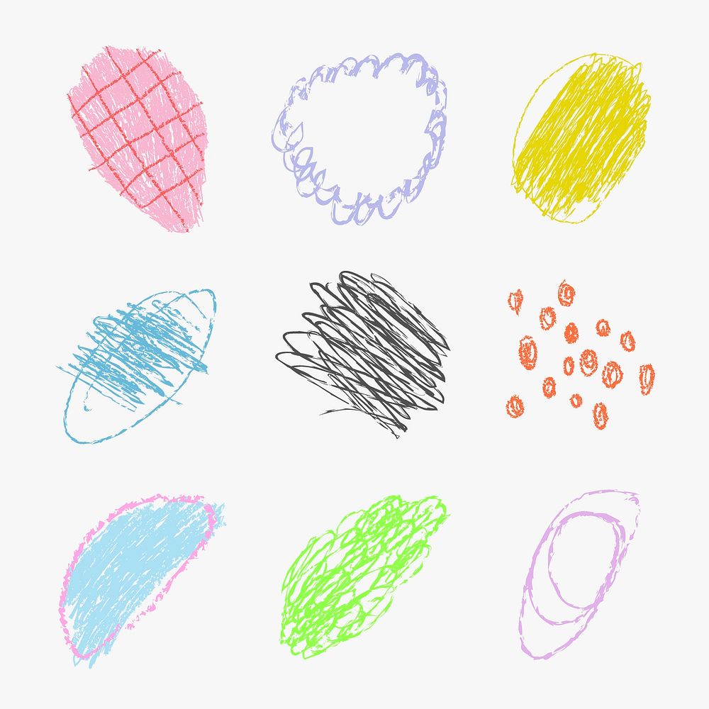 Crayon dots kids sticker, colorful hand drawn doodle design set psd